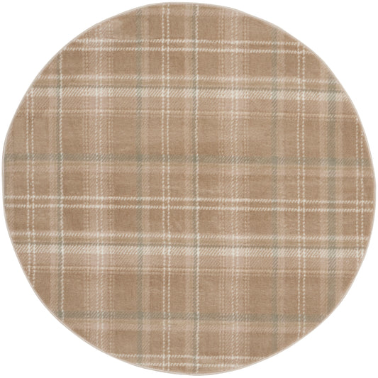 Round beige plaid rug with cream grid lines, 5' diameter.