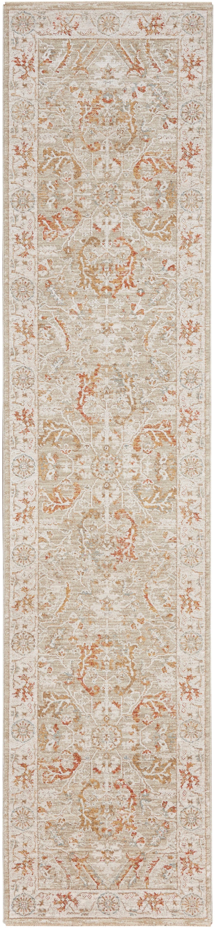 Cream Persian-style runner rug with peach, taupe and blue-gray floral motifs; distressed look and bordered edges.