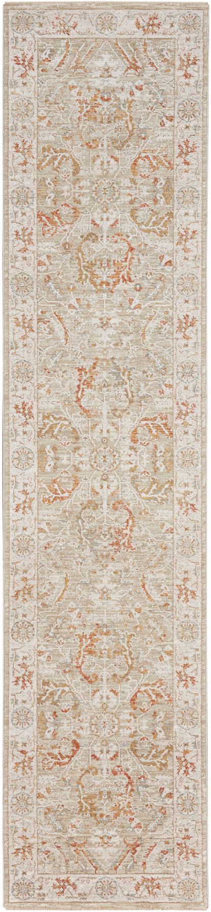 Cream Persian-style runner rug with peach, taupe and blue-gray floral motifs; distressed look and bordered edges.