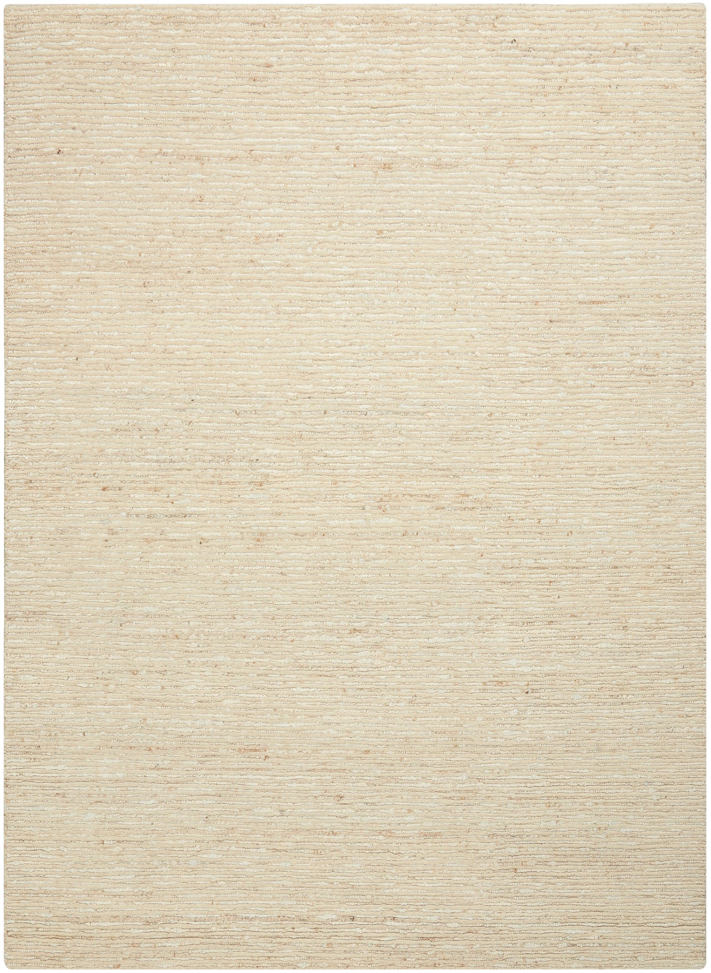 Beige rectangular woven rug with subtle horizontal striped texture; neutral floor covering.