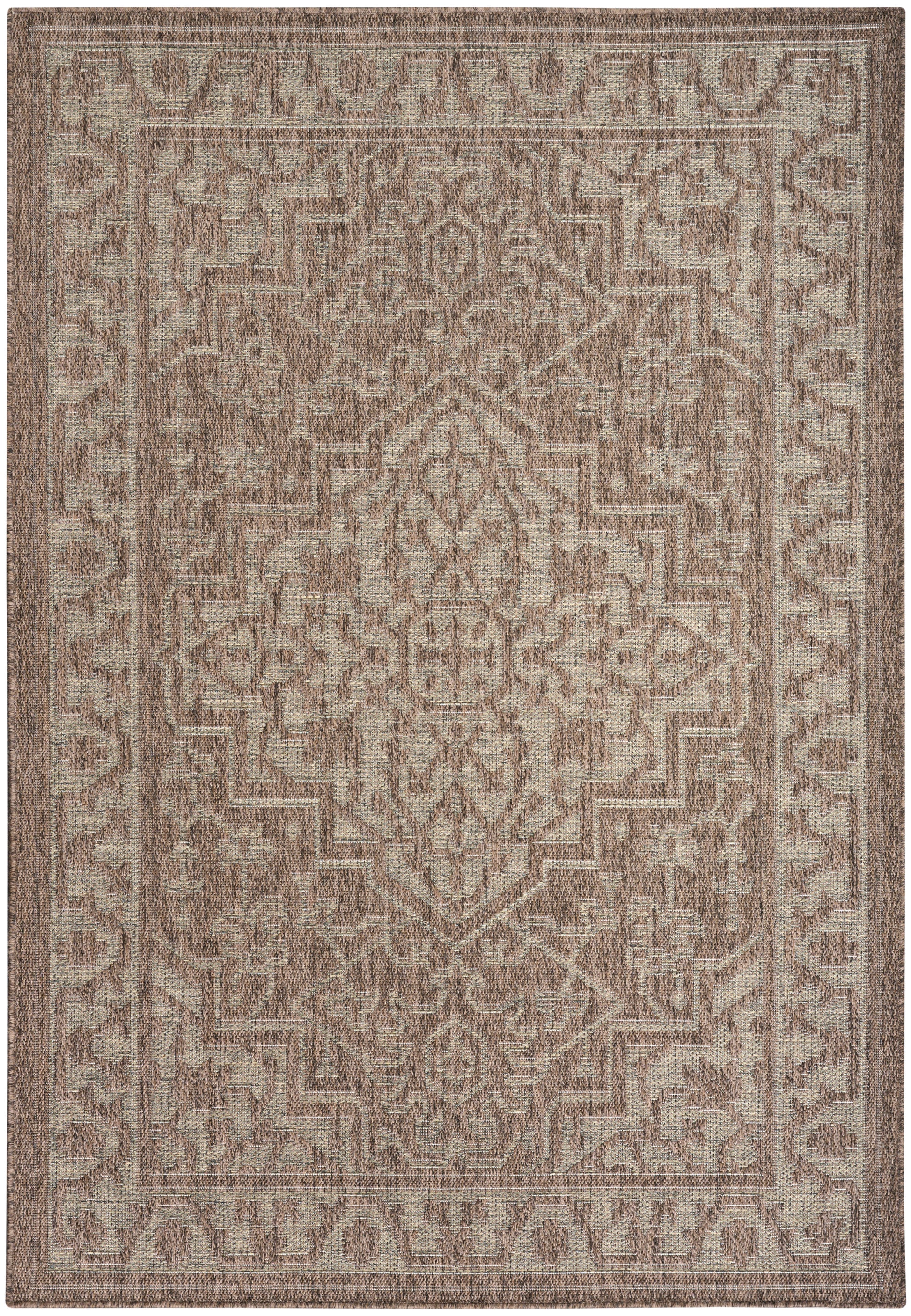 Brown-beige oriental-style rug with an intricate central medallion and stepped geometric border; vintage woven texture.