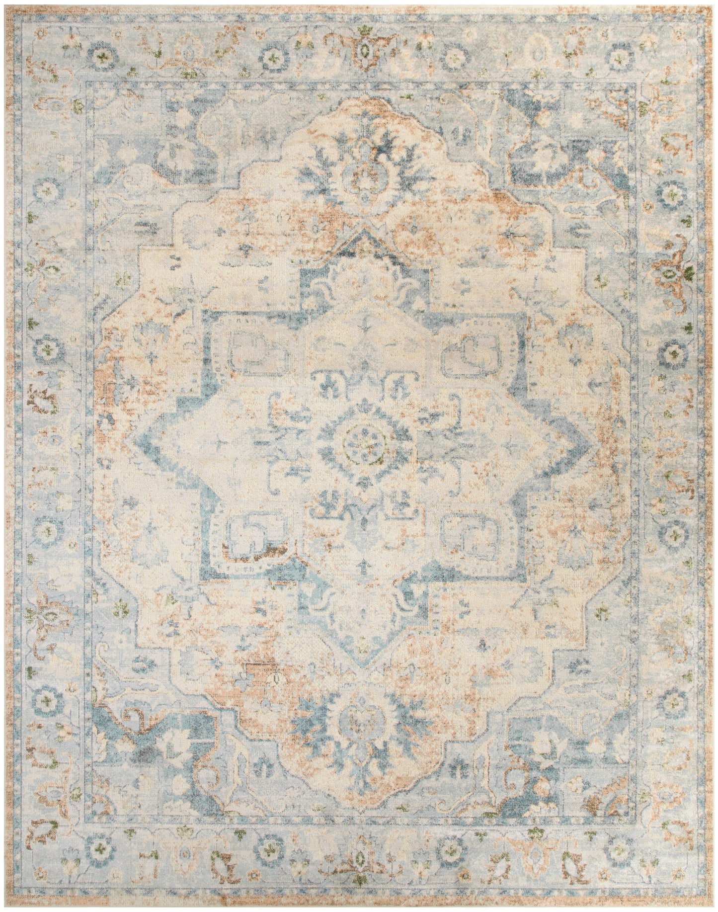 Pastel blue and ivory oriental rug with large central medallion, floral border and subtle peach accents.