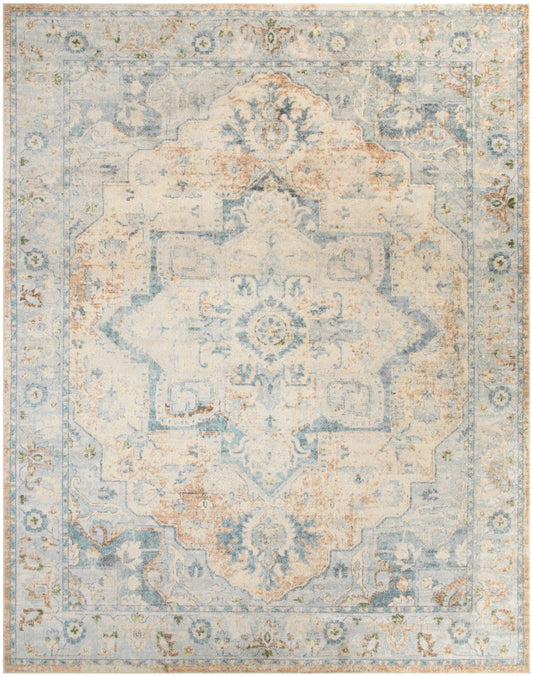 Pastel blue and ivory oriental rug with large central medallion, floral border and subtle peach accents.