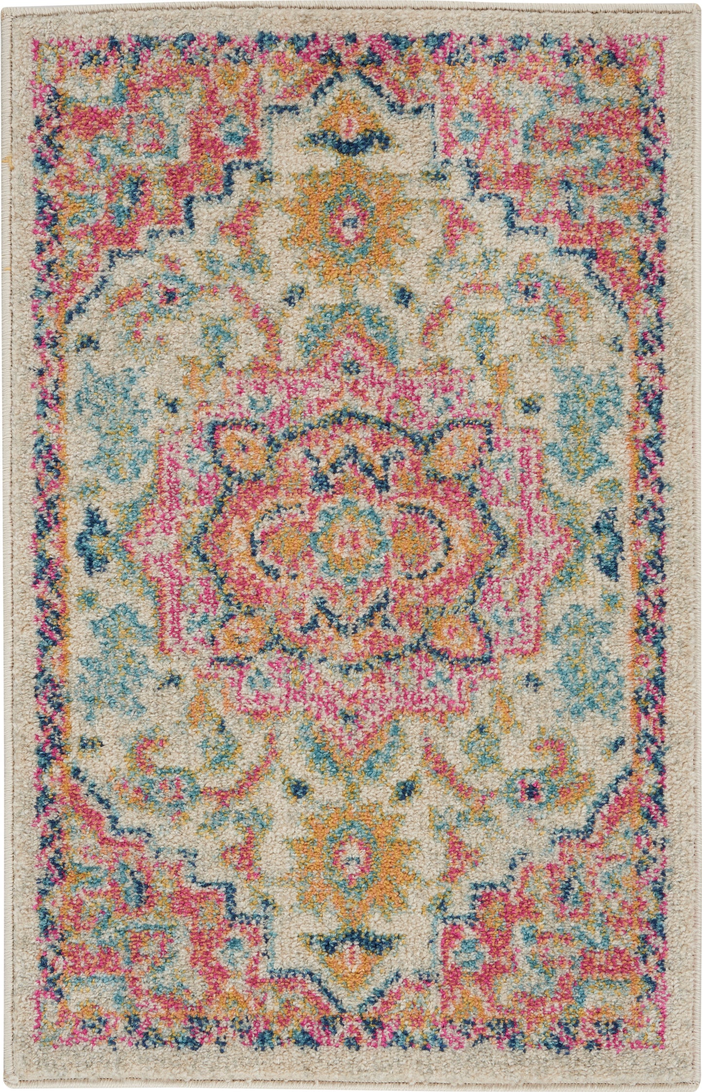 Rectangular Persian-inspired rug with beige base and vibrant pink, blue, yellow medallion pattern; plush shag pile.