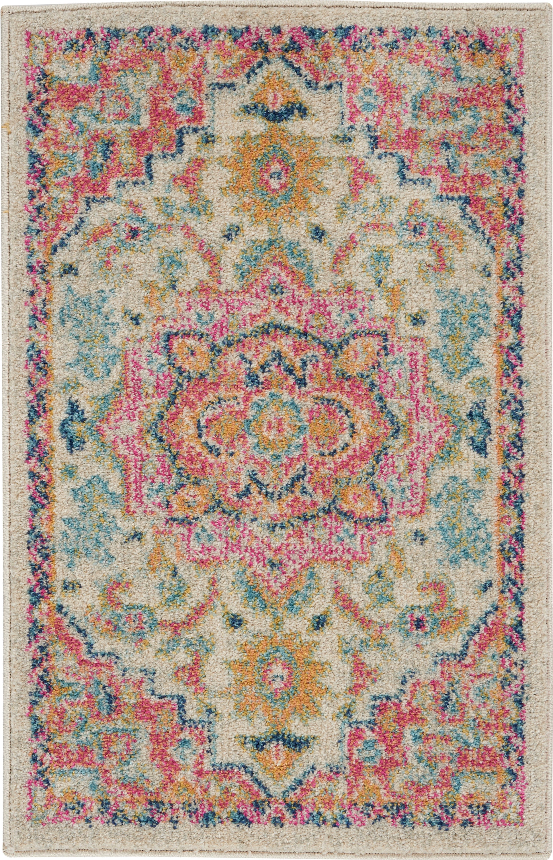 Rectangular Persian-inspired rug with beige base and vibrant pink, blue, yellow medallion pattern; plush shag pile.