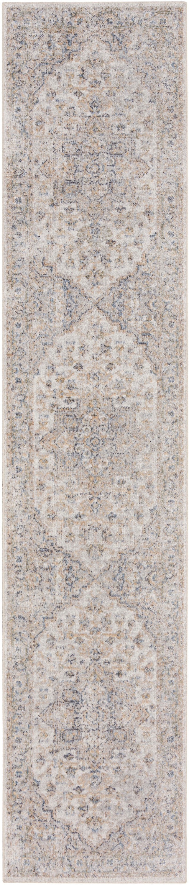 Traditional beige-taupe oriental runner rug with muted medallion motifs & floral border; soft decorative hallway decor.