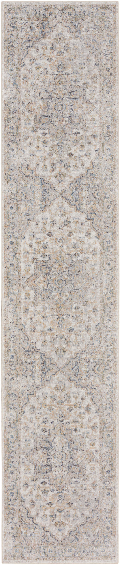 Traditional beige-taupe oriental runner rug with muted medallion motifs & floral border; soft decorative hallway decor.