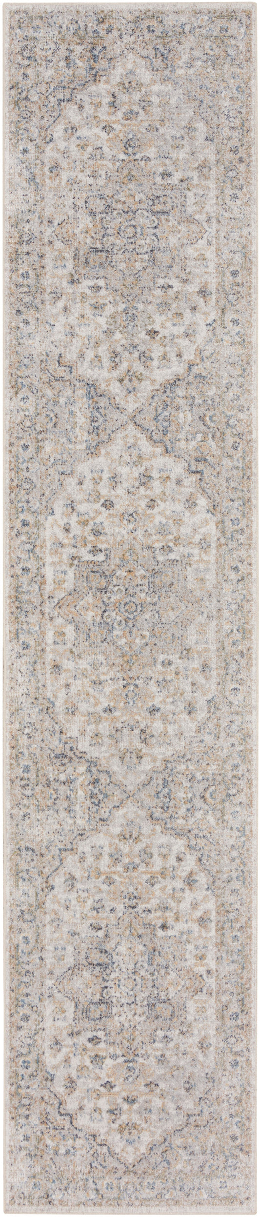 Traditional beige-taupe oriental runner rug with muted medallion motifs & floral border; soft decorative hallway decor.