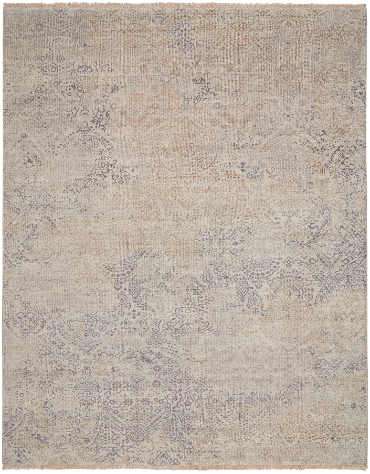 Muted vintage beige-gray oriental rug with faded floral damask motifs and distressed look.