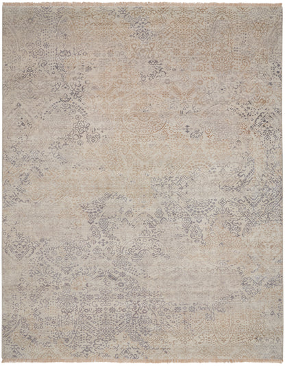 Muted vintage beige-gray oriental rug with faded floral damask motifs and distressed look.