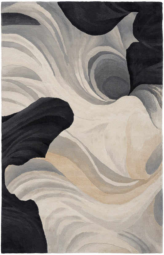 Abstract area rug, 4' x 6', with swirling cream, gray, black and beige tones.