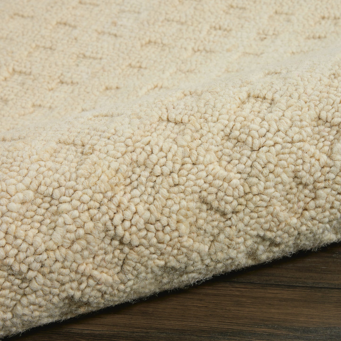 Cream beige shag rug with dense looped pile, plush texture on dark wood flooring.