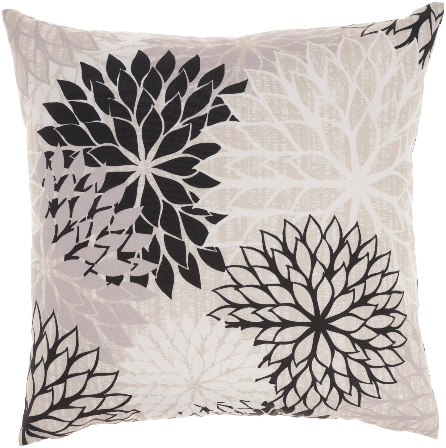 Beige square throw pillow featuring large black floral mandala designs against a pale leaf-patterned backdrop