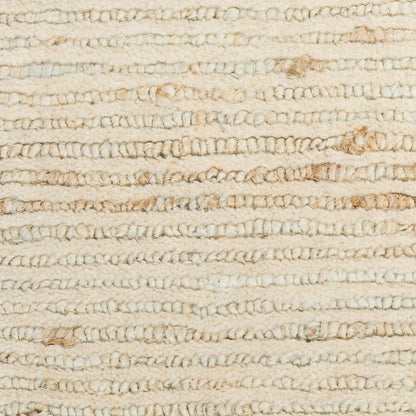 Cream boucle rug texture with chunky horizontal loops in ivory-beige tones; cozy soft floor covering.