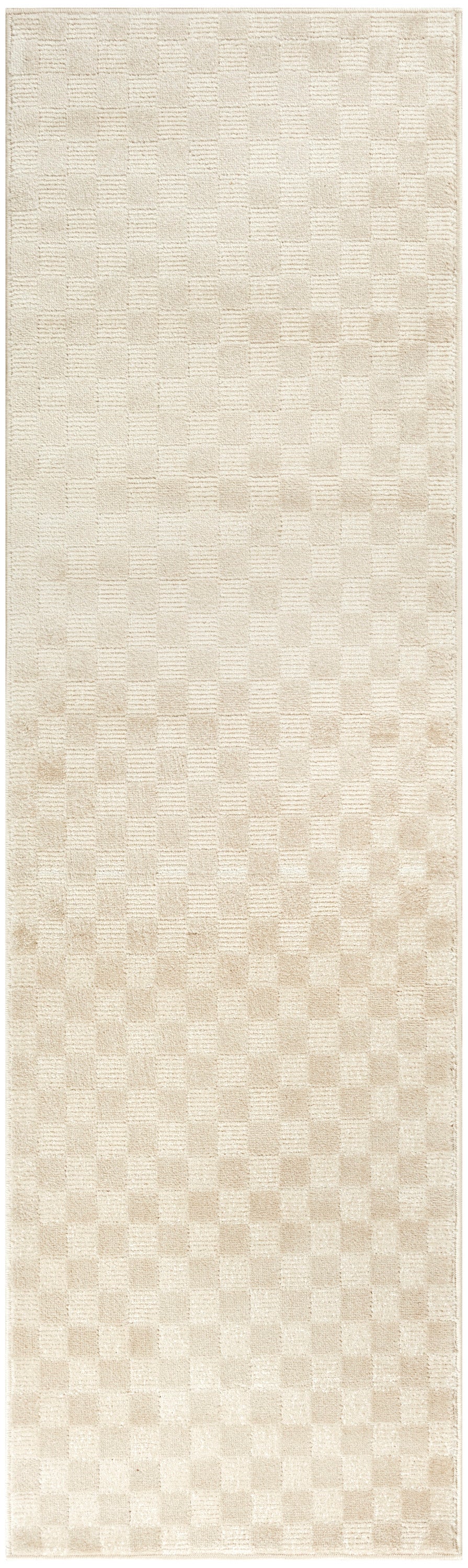 Neutral beige rectangular runner rug with a soft plush pile and subtle checkerboard pattern.