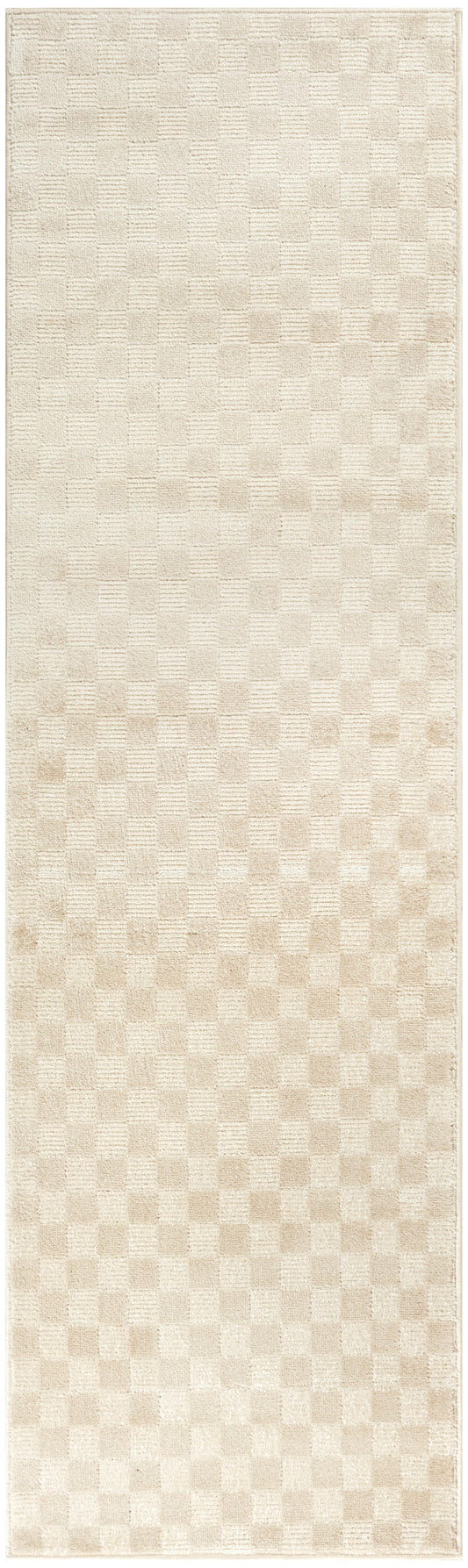 Neutral beige rectangular runner rug with a soft plush pile and subtle checkerboard pattern.