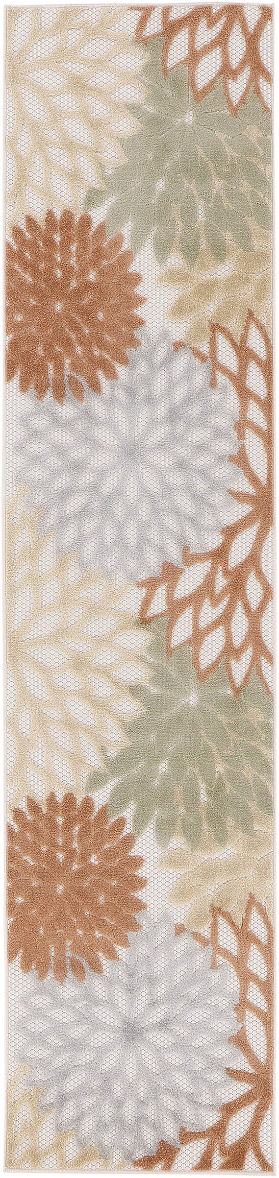 Outdoor runner rug with large peach & gray rosettes and right-edge orange-brown lattice border on beige background.