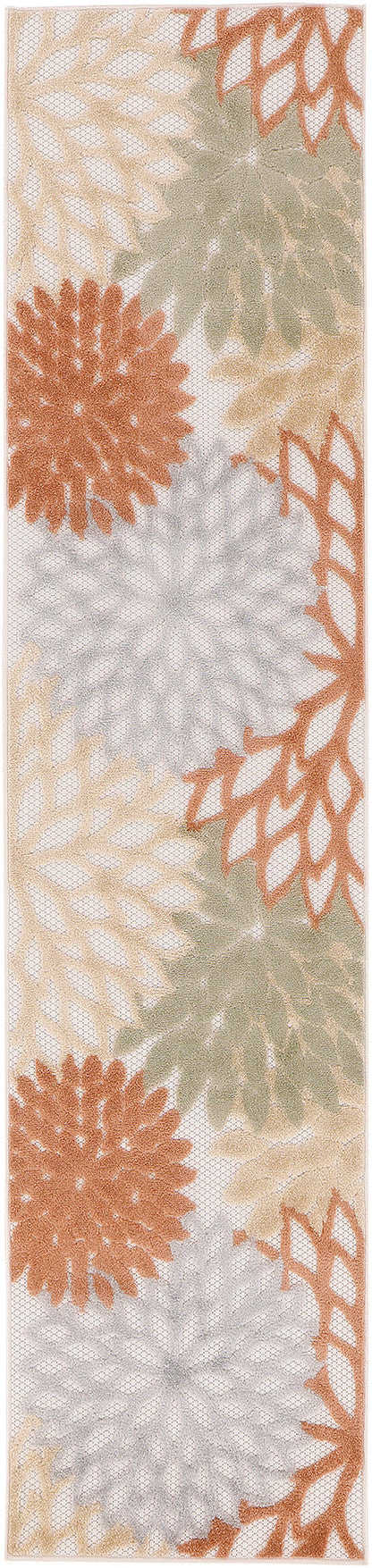 Outdoor runner rug with large peach & gray rosettes and right-edge orange-brown lattice border on beige background.