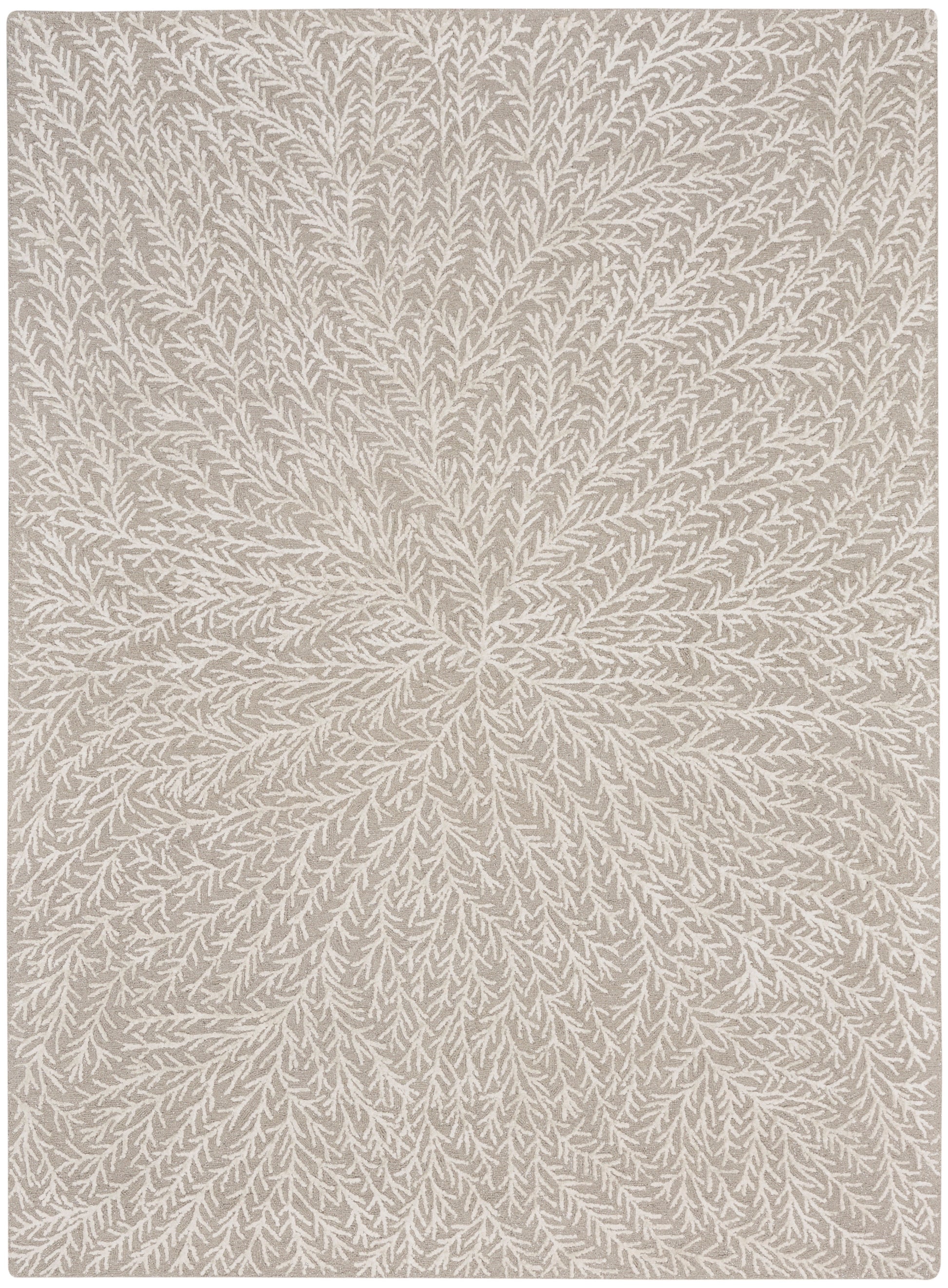 Beige area rug with white branching pattern radiating from the center.