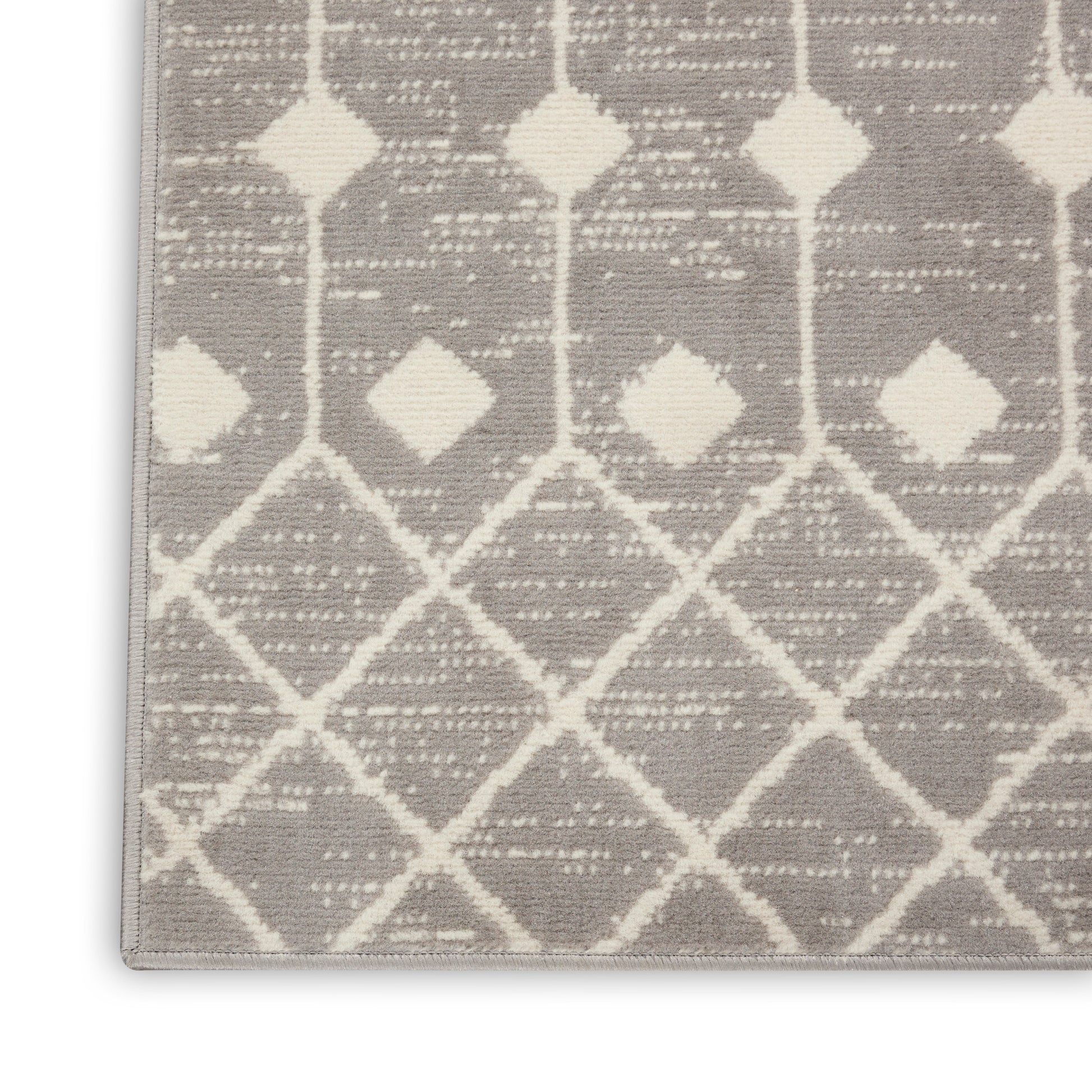 Rectangular gray and ivory geometric woven runner rug with diamond lattice motif