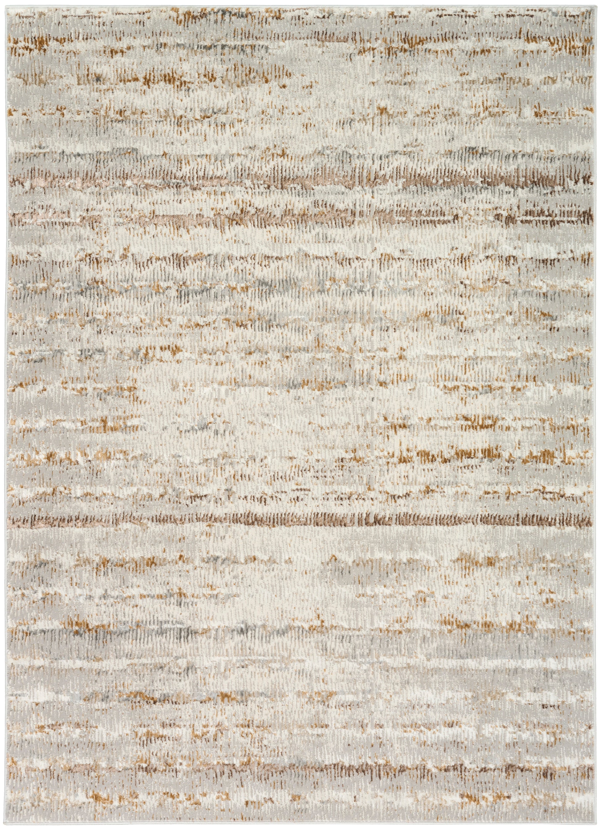 Abstract area rug with ivory base and muted horizontal bands in tan, gray and beige.