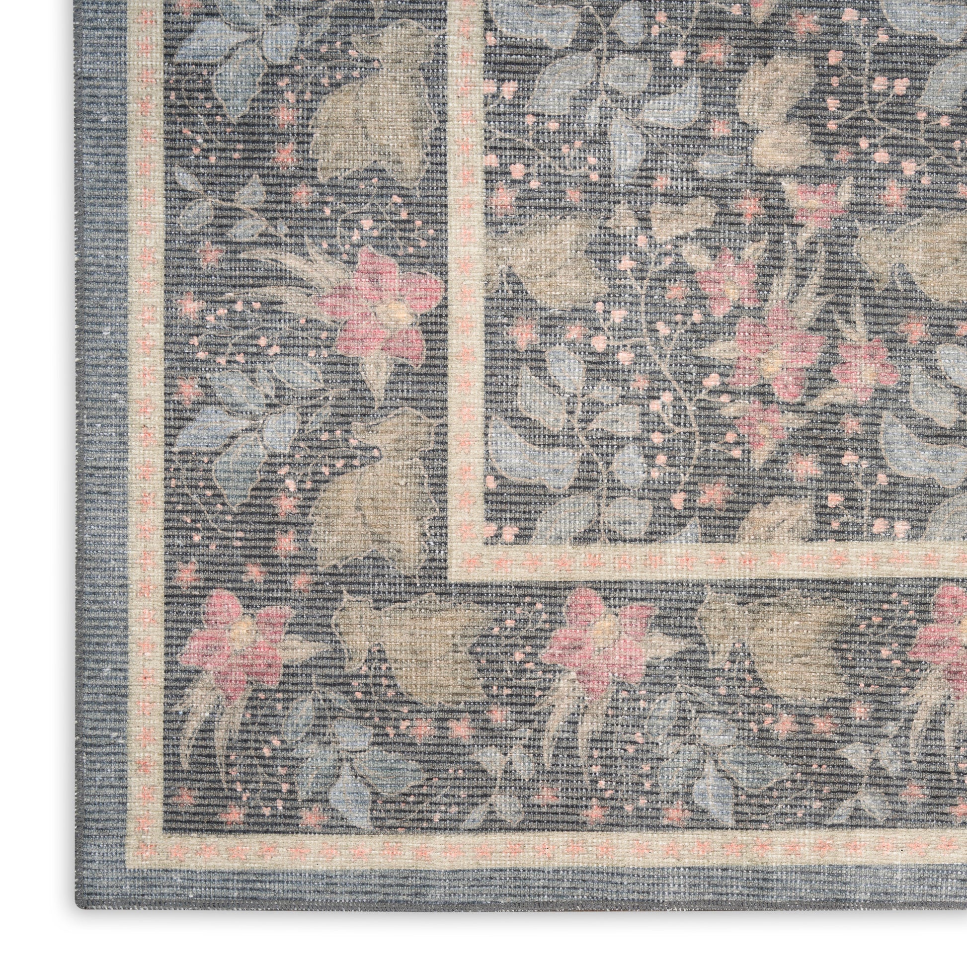 Rectangular floral rug with blue-gray background, pink flowers, beige border and inner trim; woven texture.
