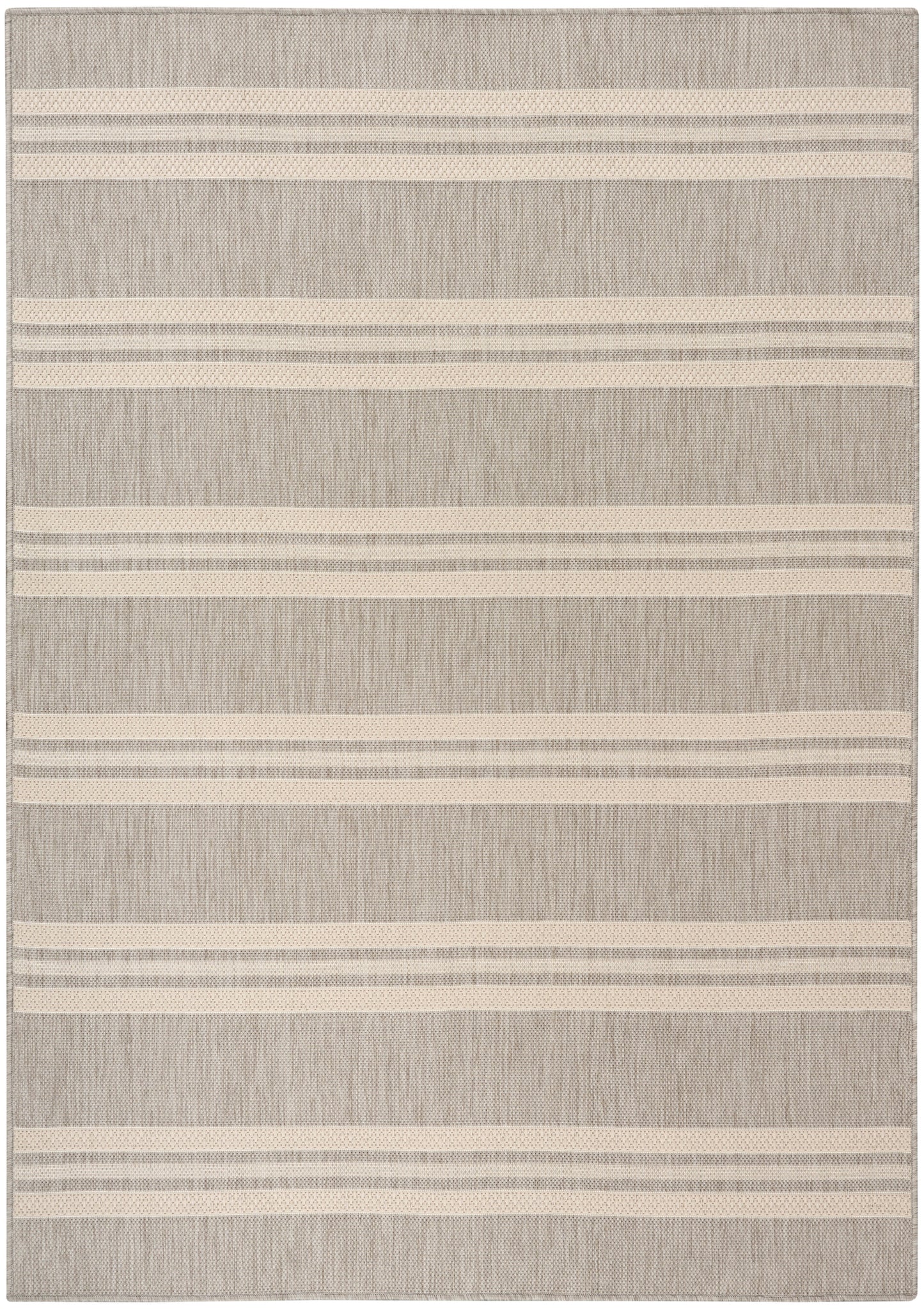 Rectangular beige & gray woven rug with cream stripes; textured linen-like material for living room or hallway.