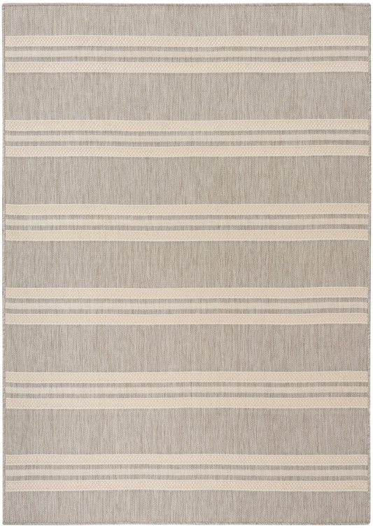 Rectangular beige & gray woven rug with cream stripes; textured linen-like material for living room or hallway.