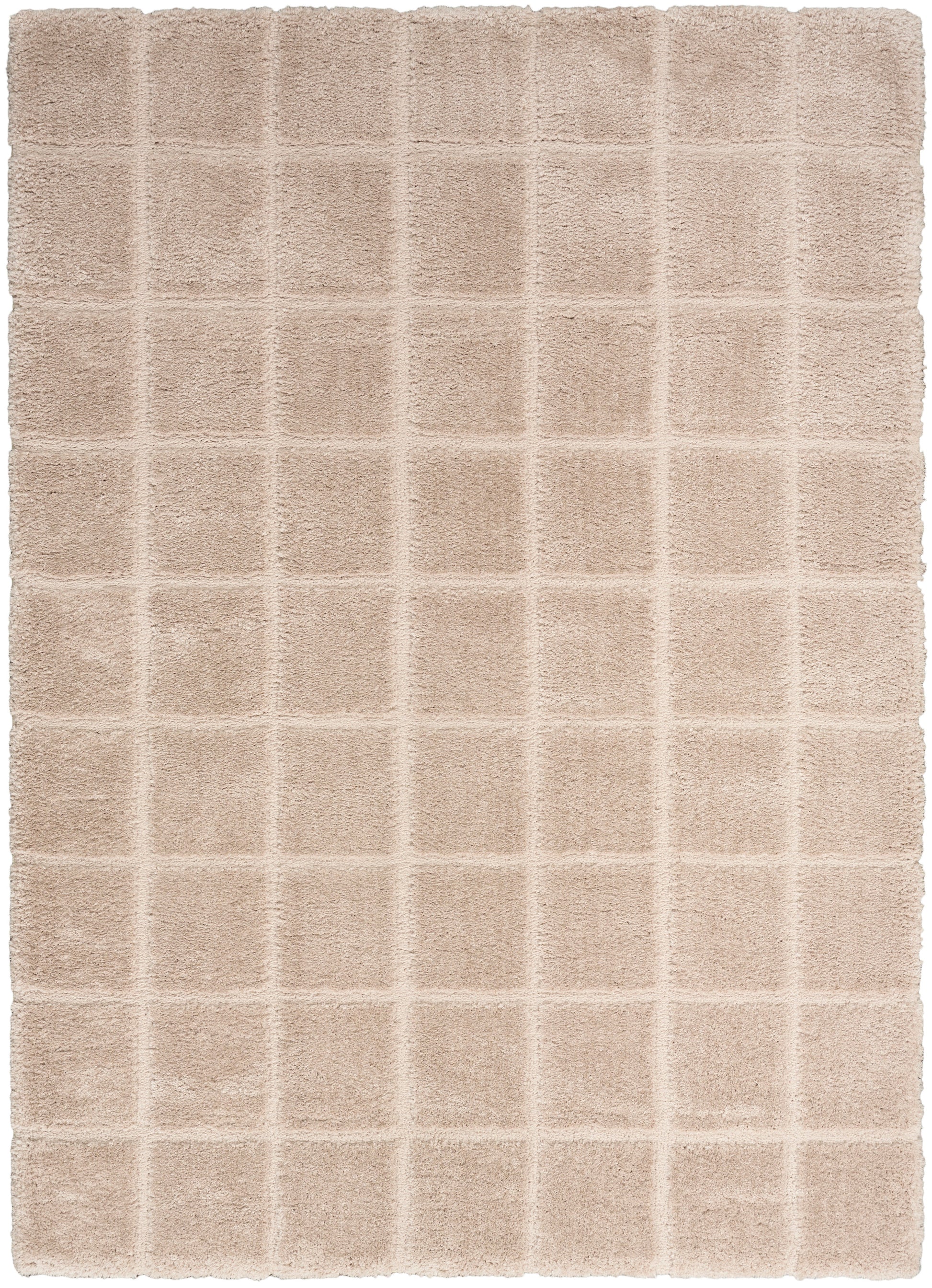 Beige area rug with a raised square-grid pattern and plush pile, 5' x 7'.
