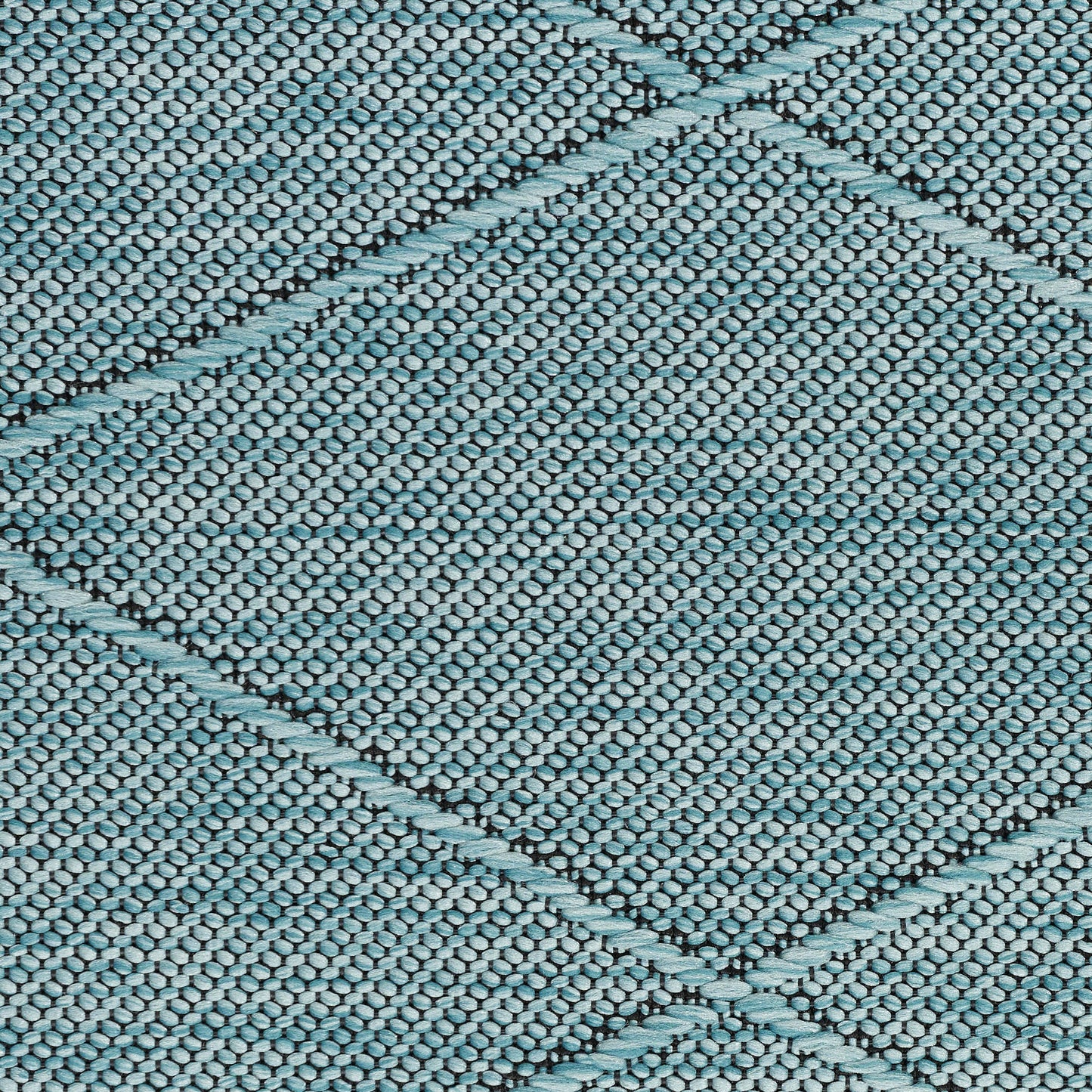 Close-up of teal-blue woven fabric with diamond lattice pattern and textured weave; ideal for rug or upholstery.