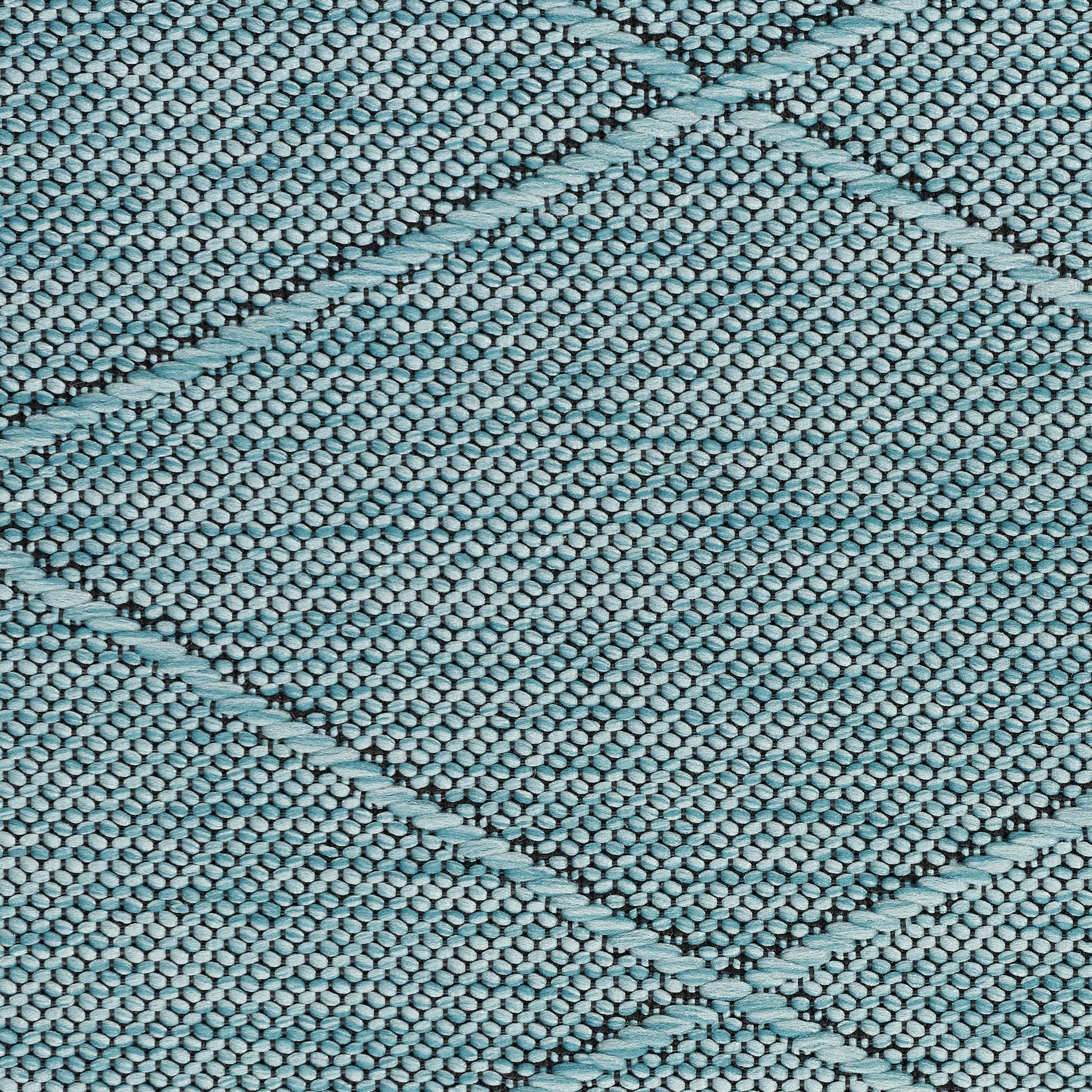 Close-up of teal-blue woven fabric with diamond lattice pattern and textured weave; ideal for rug or upholstery.