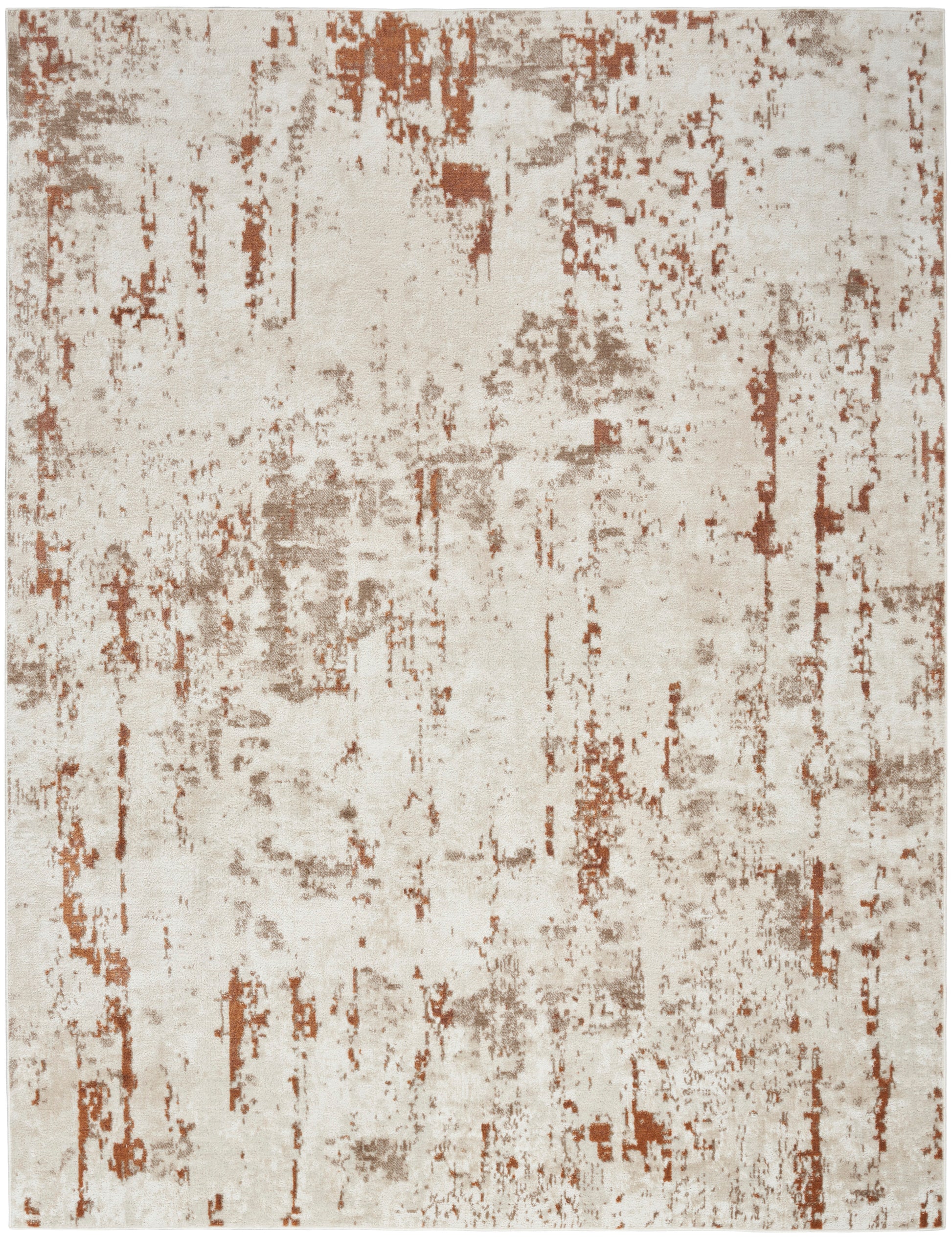 Beige cream distressed area rug with rust-brown abstract marks in a modern rustic pattern.