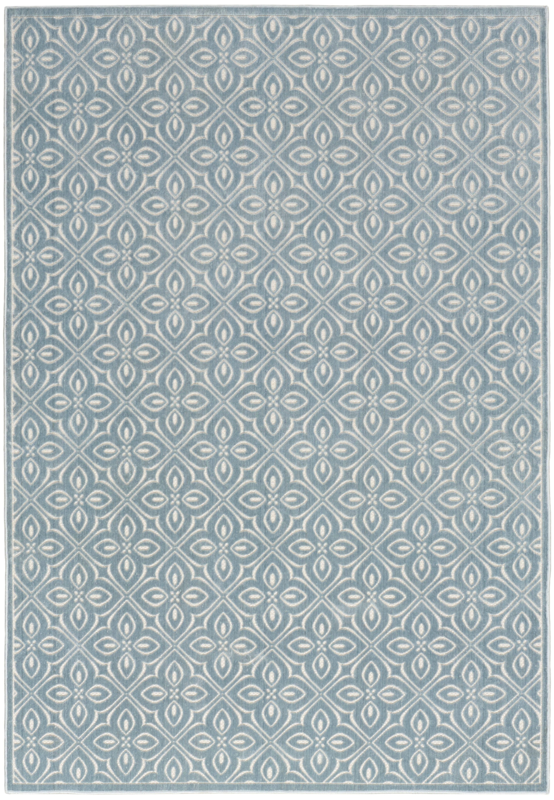 Blue-gray rectangular rug with a repeating white diamond geometric motif; woven texture, modern coastal style.