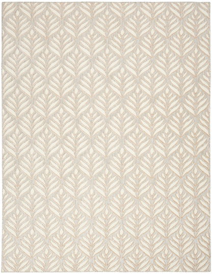 Neutral-toned rectangular rug with a repeating beige leaf pattern on an ivory background; woven, modern rustic style.