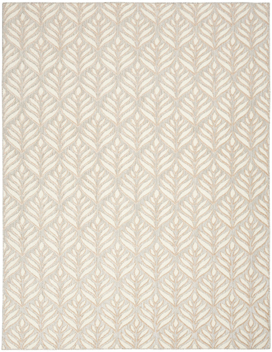 Neutral-toned rectangular rug with a repeating beige leaf pattern on an ivory background; woven, modern rustic style.