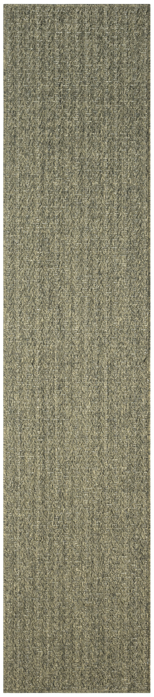 Olive-taupe textured rug runner with looped weave; long rectangular, durable low-pile carpeting.