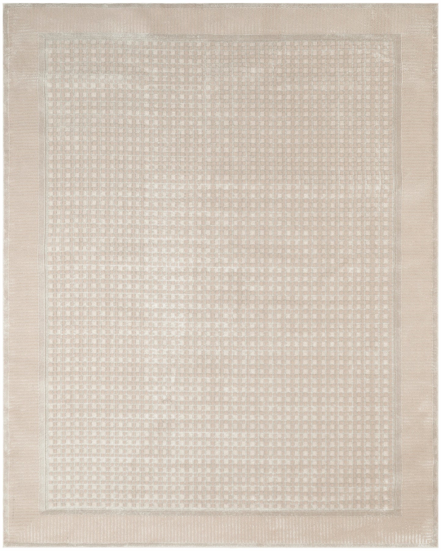Beige rectangular woven rug with a subtle square-dot pattern and double border; neutral, cozy, versatile decor piece.