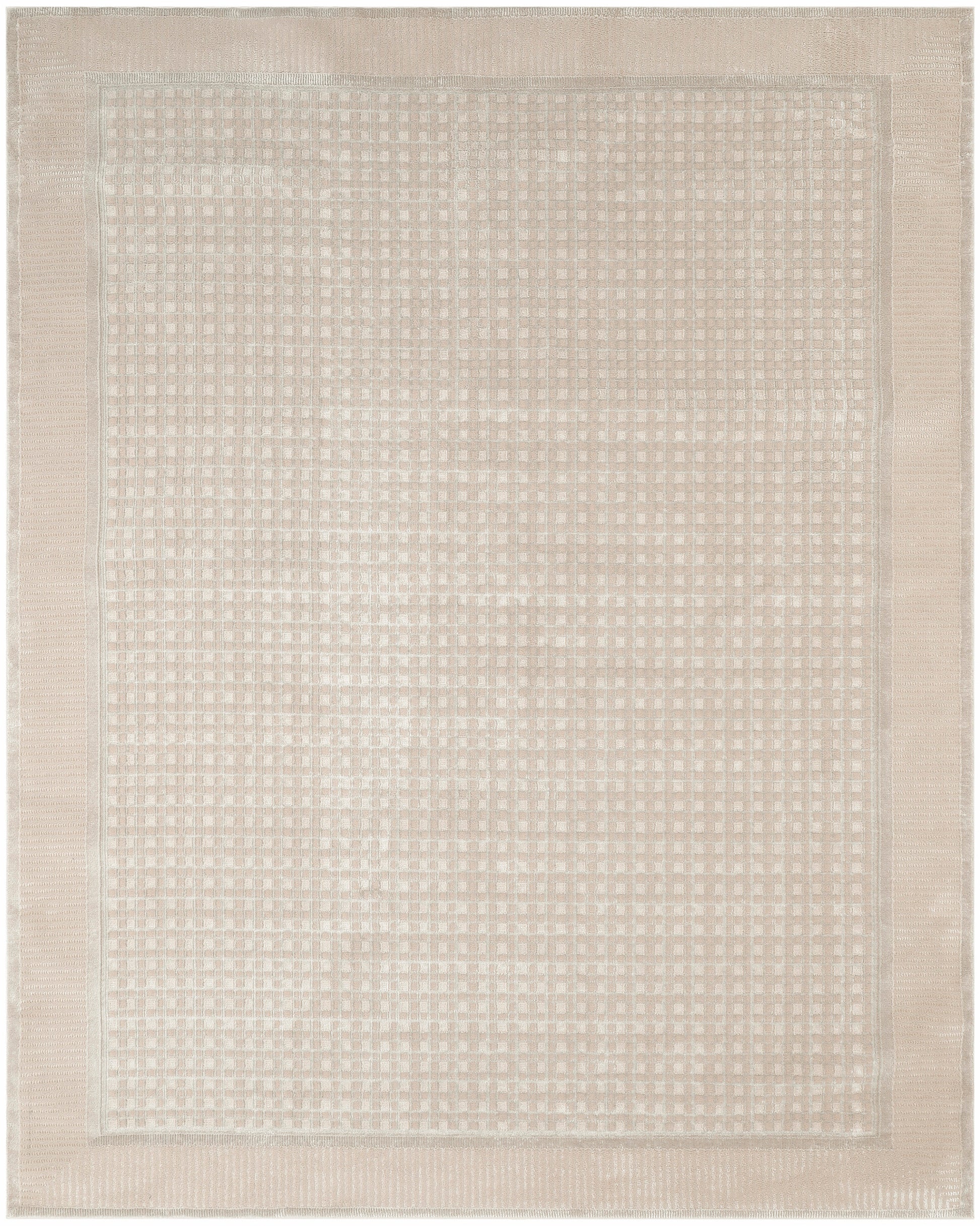 Beige rectangular woven rug with a subtle square-dot pattern and double border; neutral, cozy, versatile decor piece.