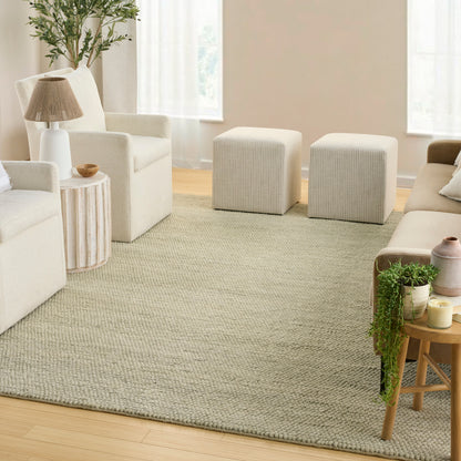 Bright modern living room with cream sofas, two beige ottomans, a large woven rug, light wood floor, and potted plants.