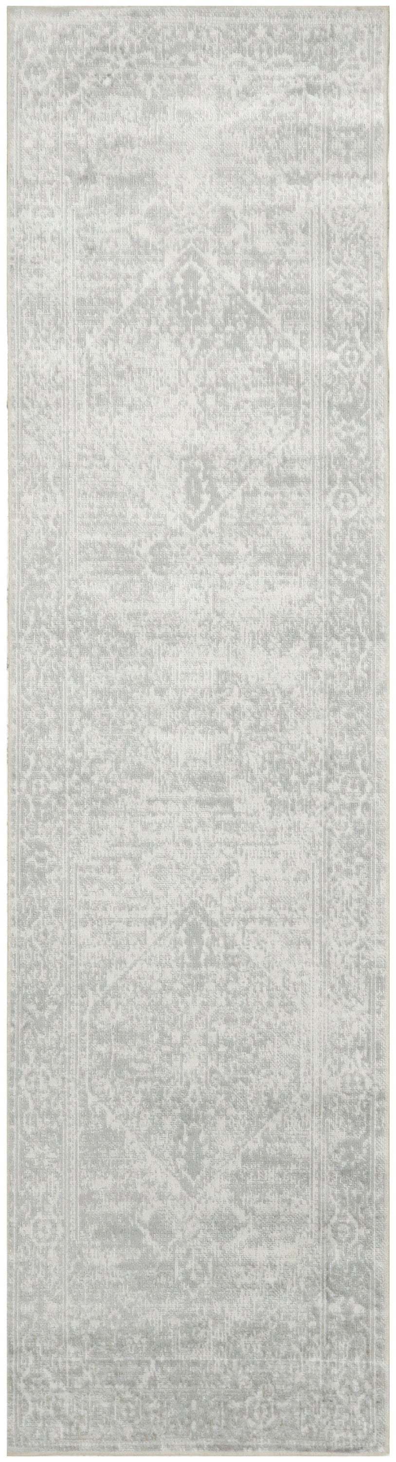 Light grey rug runner with subtle faded geometric & medallion pattern, long narrow runner.
