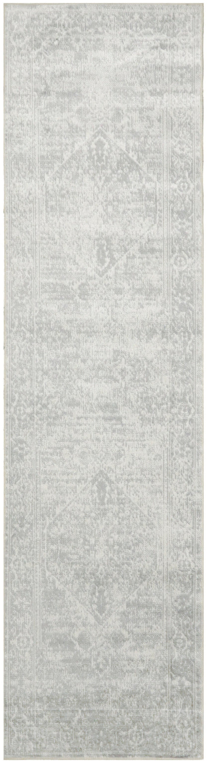 Light grey rug runner with subtle faded geometric & medallion pattern, long narrow runner.