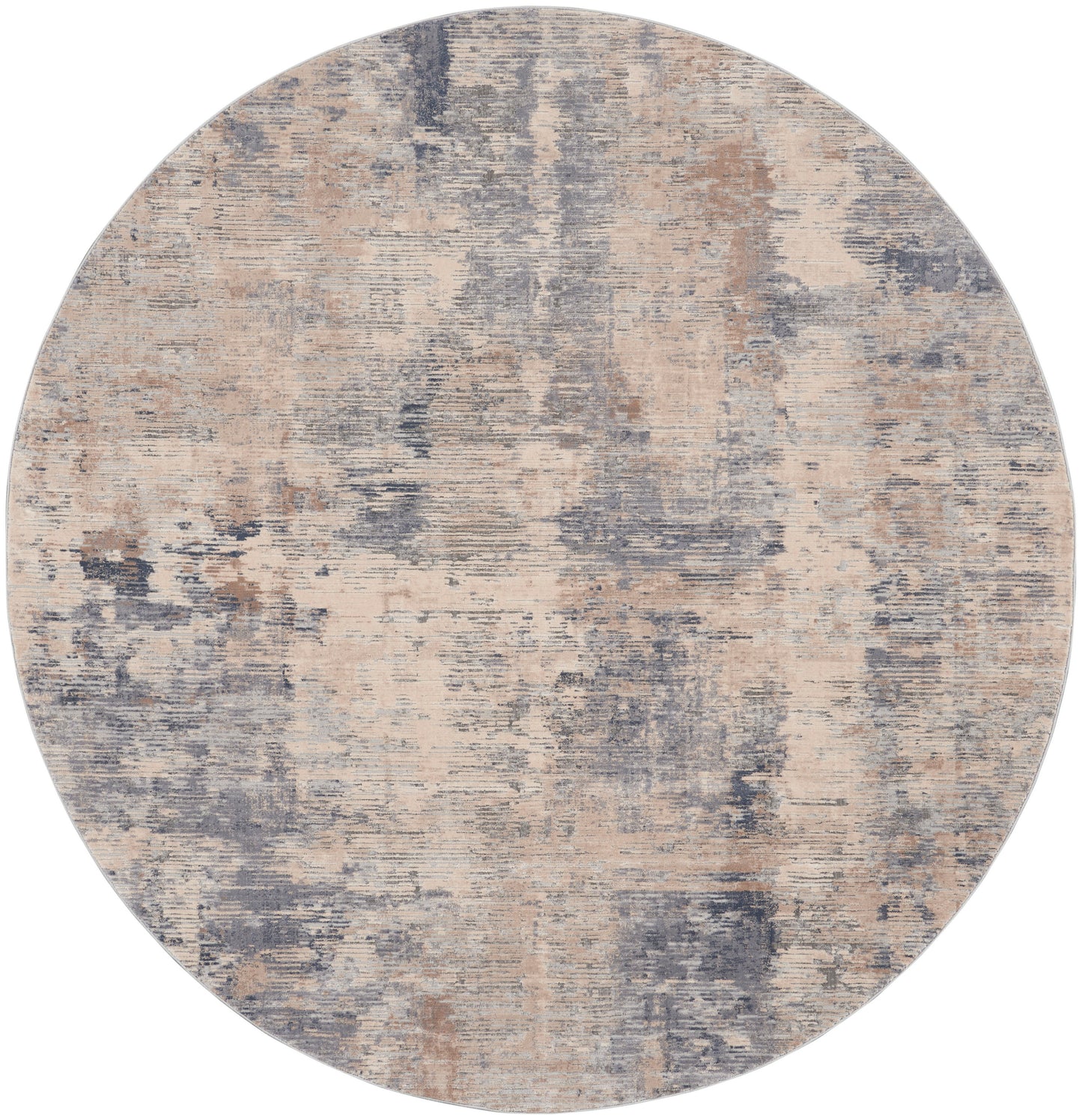 Round rug with abstract distressed pattern in beige, taupe and blue-gray tones; modern decorative living room rug.