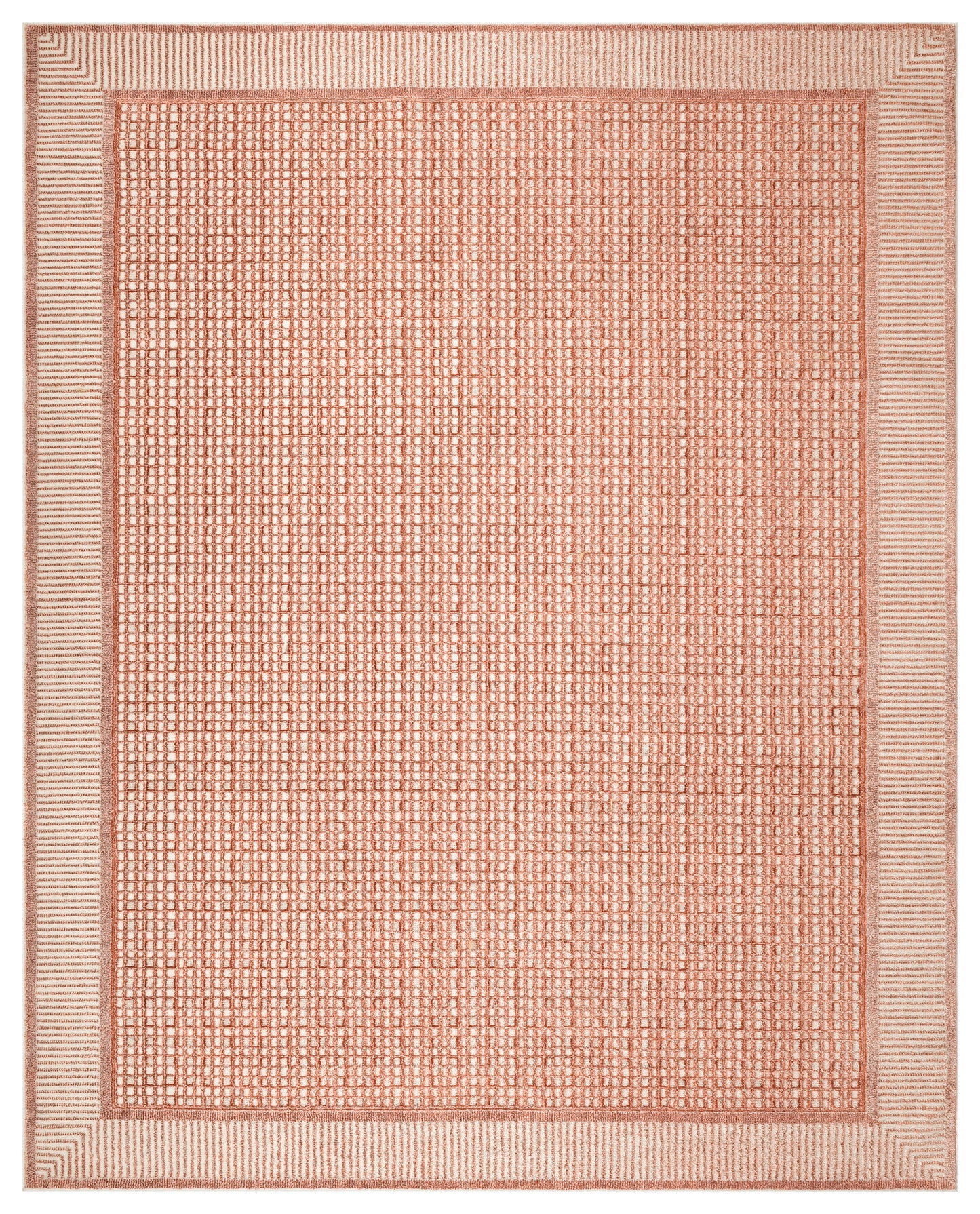 Rectangular coral woven rug with a dotted grid interior and striped border for a modern look.