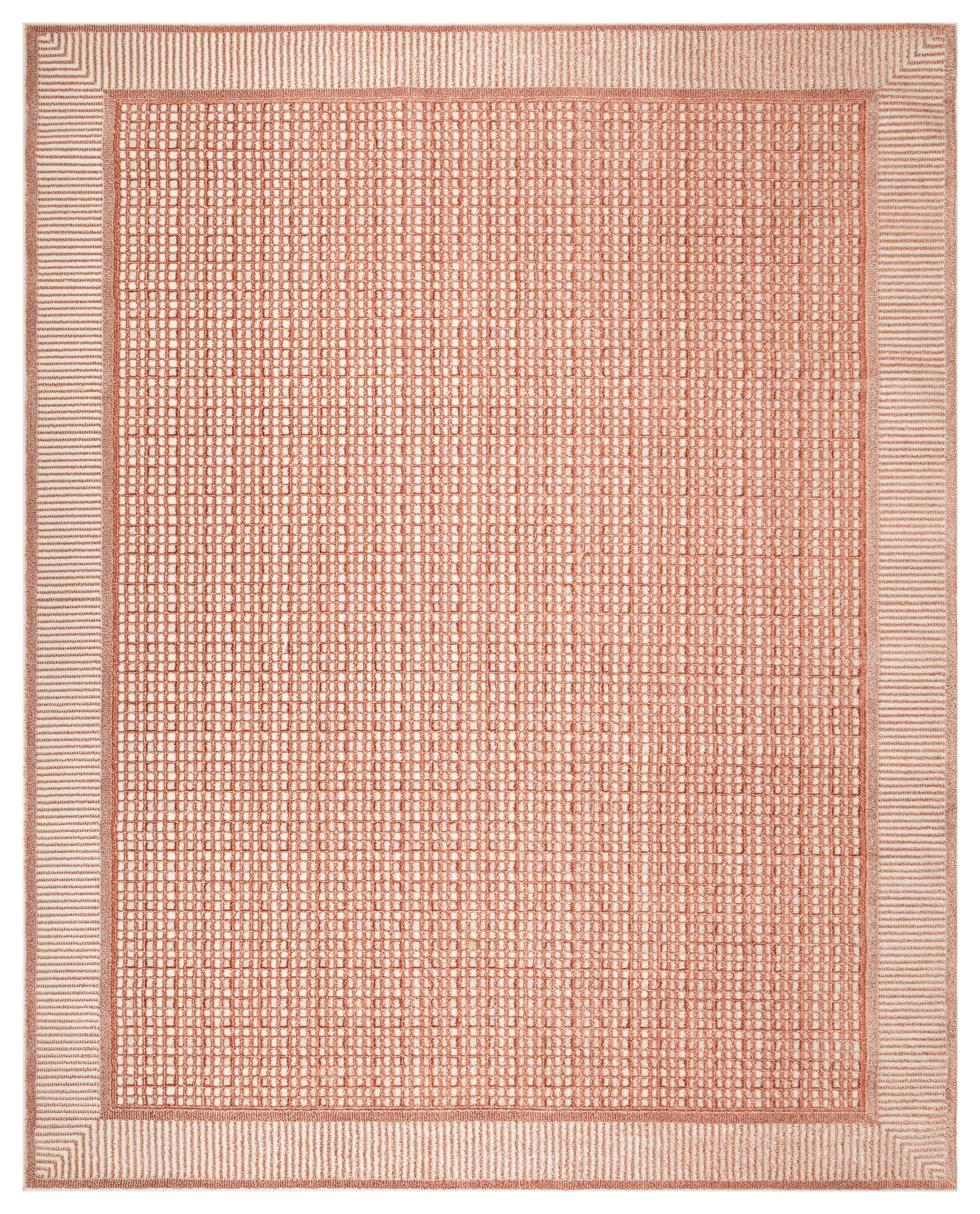 Rectangular coral woven rug with a dotted grid interior and striped border for a modern look.