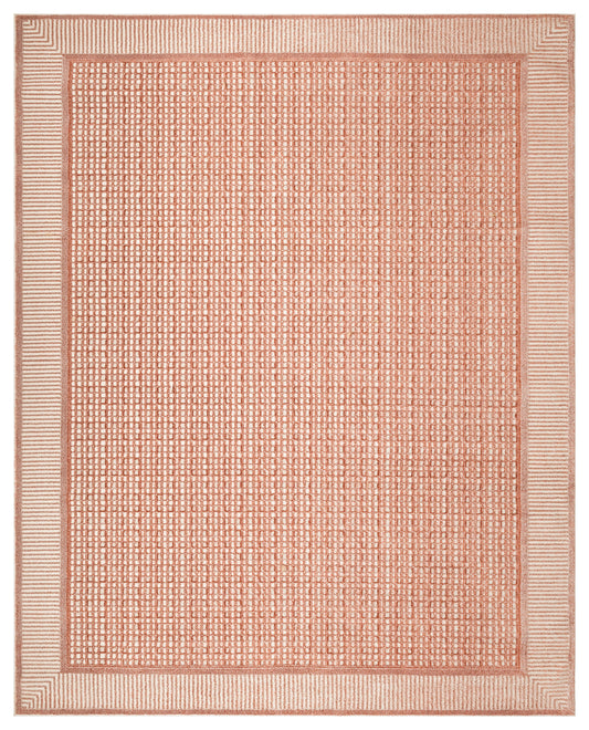 Rectangular coral woven rug with a dotted grid interior and striped border for a modern look.