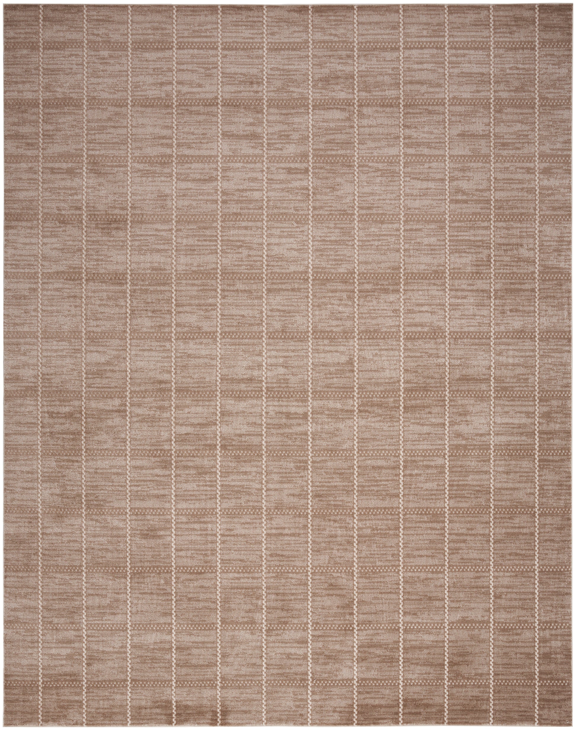Taupe-brown geometric grid area rug with white dashed vertical lines; modern, low-pile indoor rug.