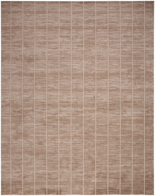 Taupe-brown geometric grid area rug with white dashed vertical lines; modern, low-pile indoor rug.