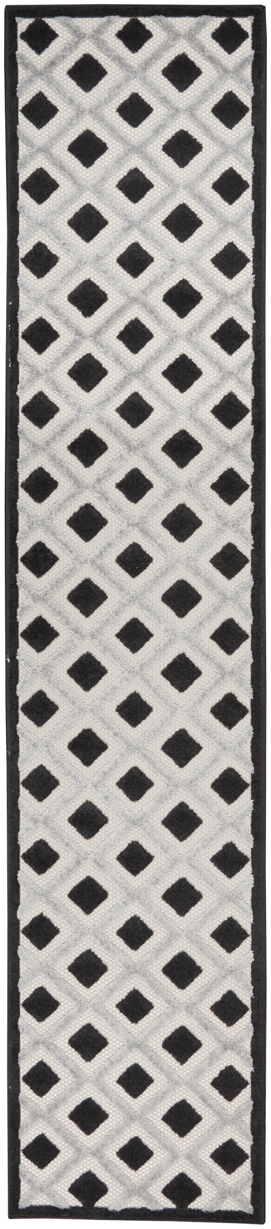 Narrow rectangular runner rug with light gray lattice diamonds and black diamond centers, framed by a black border.