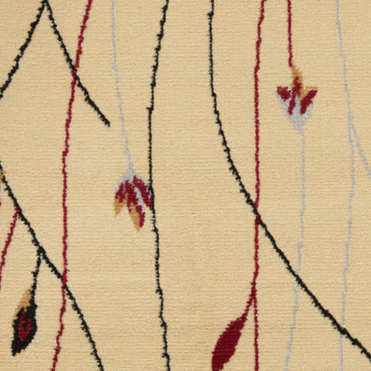 Beige textured rug with abstract black and red curved lines and small leaf motifs.