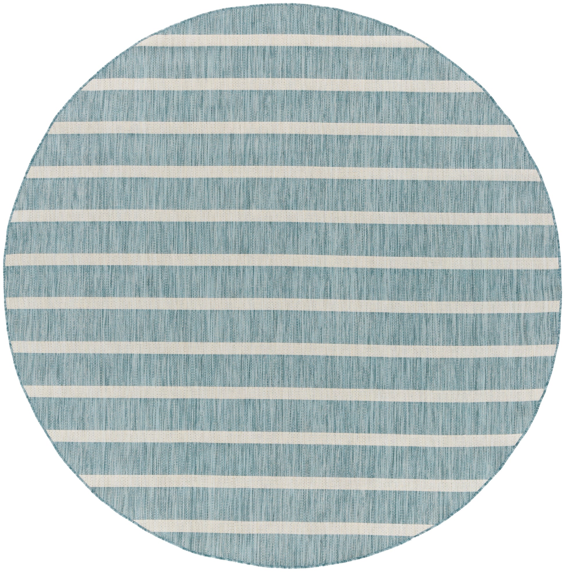 Circular blue woven rug with off-white horizontal stripes; coastal style, soft texture, ideal for living room or patio.